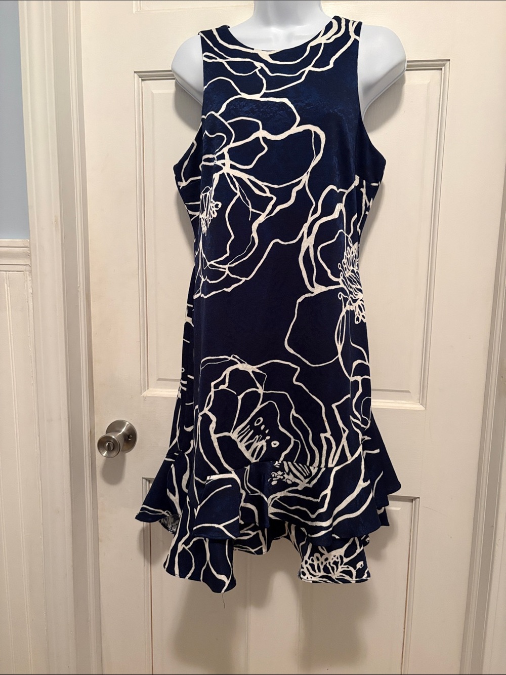 Ivanka Trump Navy and White Floral Ruffle Hem Dress